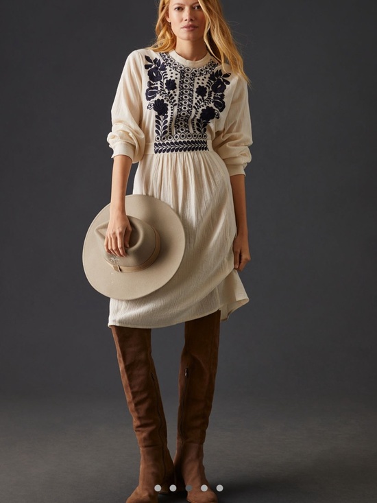 Antik Batik Dresses & Skirts - Anthropologie Antik Batik Cotton Ivory Long-Sleeve Black Embroidered Dress